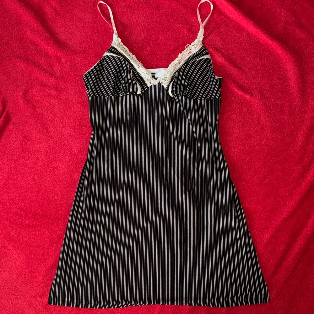 Striped Black and Light Pink Lace Trim Dress - Small